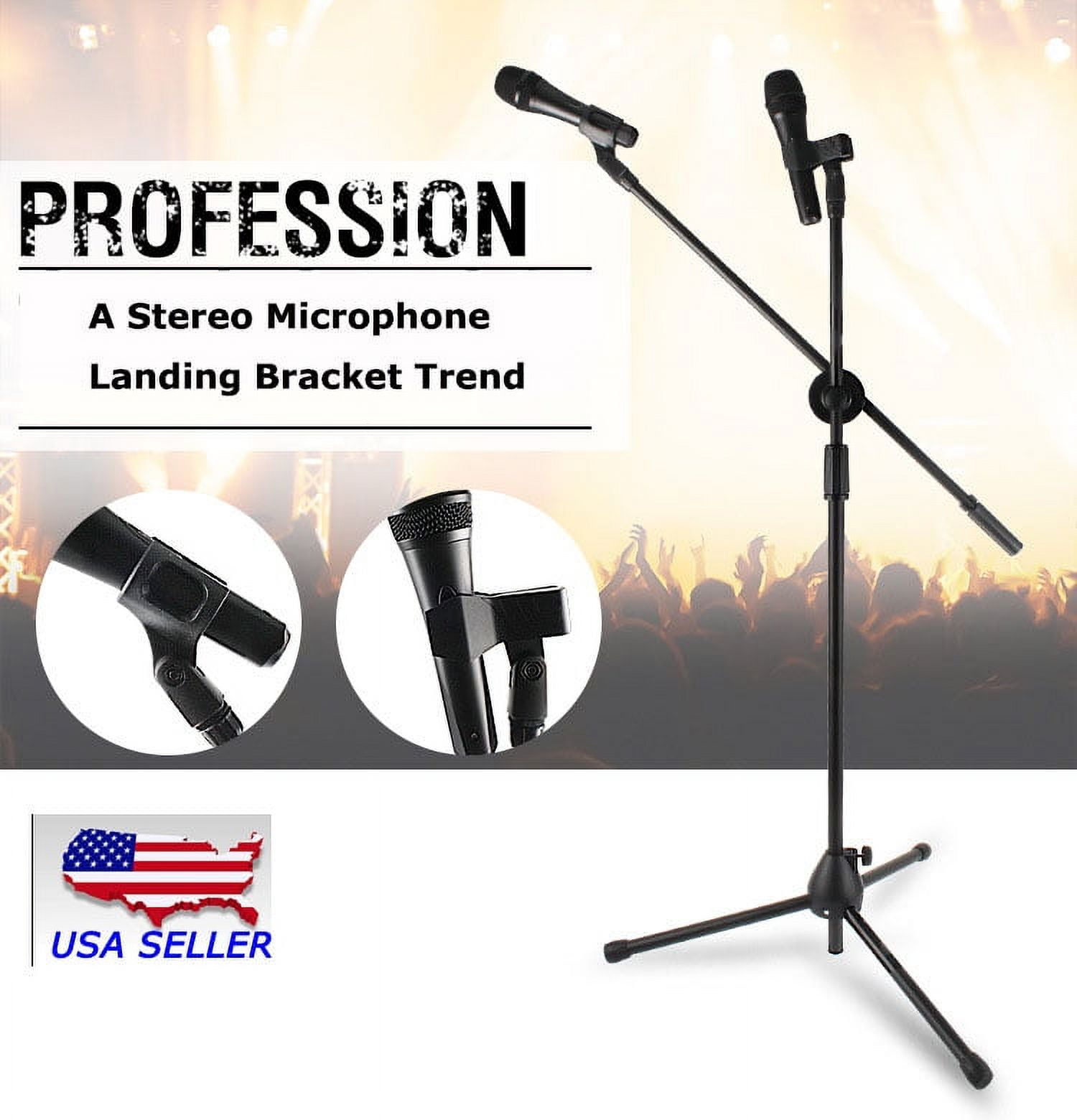 INTBUYING Microphone Stand Tripod Boom with Extending Boom Arm and Dual Mic Holder Clip Adjustable Collapsible Black