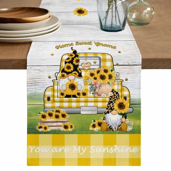 Table Runner 70 Inches Long for Kitchen Dining, Yellow Sunflower Dresser Scarf Farmhouse, Dining Table Decorations for Wedding/Parties, Gnomes Truck Plaid Farmhouse Wooden 13 x 70 In