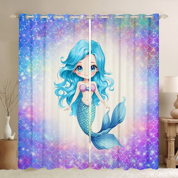 Feelyou Kawaii Blue Mermaid Black Out Curtains for Teen, Dreamy Ocean Princess Curtains Pack of 2 (42x63 Each), Glitter Fish Scale Bedroom Curtains, Living Room Curtains Decor