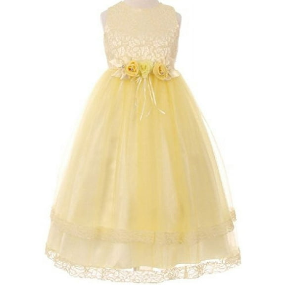 Big Girls' Sleeveless Dress Lace Trim Flowers Corsage Rhinestone Easter Flower Girl Dress Yellow 8 (C50C25C)