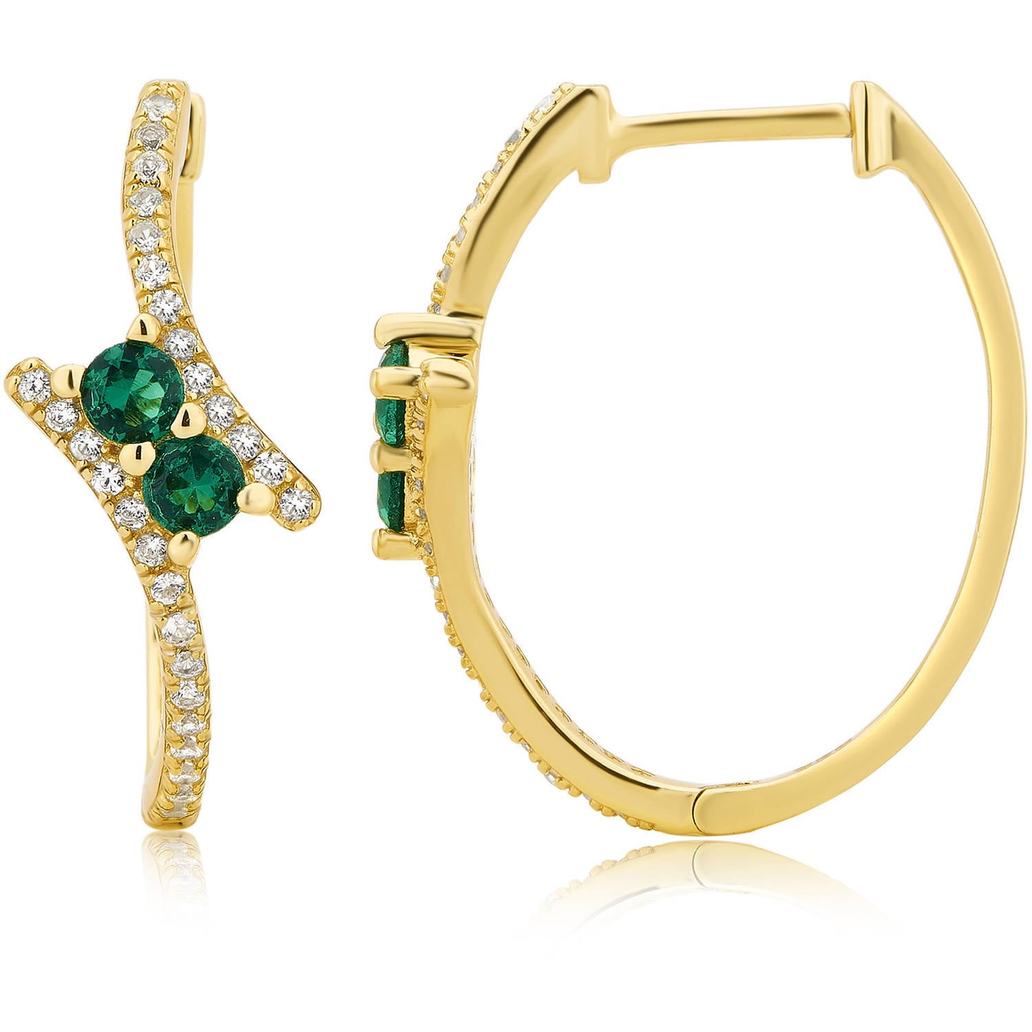Created Emerald and White Sapphire Gemstone Gold tone Sterling Silver Two-Stone Hoop Earring