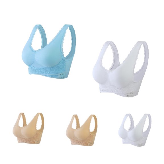 Besolor 5PC Sports Bras for Women Front Criss Cross Bras Side Buckle Lace Bras Wireless Push up Seamless Sleep Bra Black 3