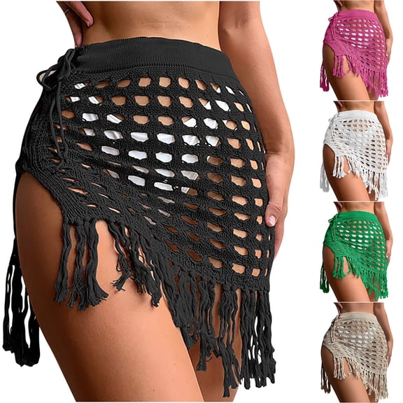 Qzwdhjm Crochet Swimwear Coverups for Women Hollow Out Slit Mini Skirts High Elastic Waist Swimsuits Coverups with Tassle for Beach Loungewear