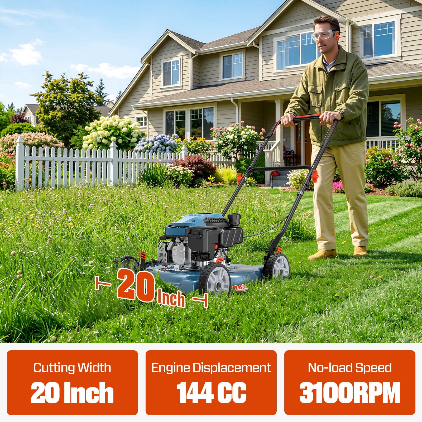 SENIX 4-Tool Combo Kit w/ 144cc 20" Gas Lawn Mower, 13"  Weed Eater, 700 CFM Blower & 1600 PSI Pressure Washer