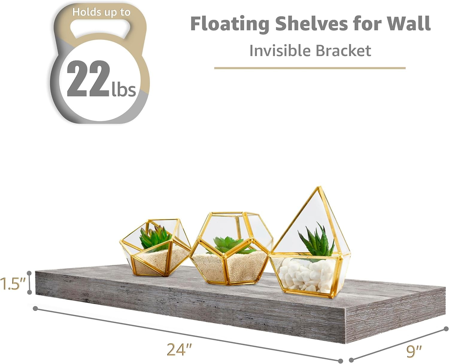 CHTER Floating Shelves for Wall - 24" Bathroom Shelves, Wall Decor for Bedroom, Kitchen, Living Room, Home Decor & Book Storage - Mounted Floating Shelf with Invisible Brackets (Gray, 2 Pack)