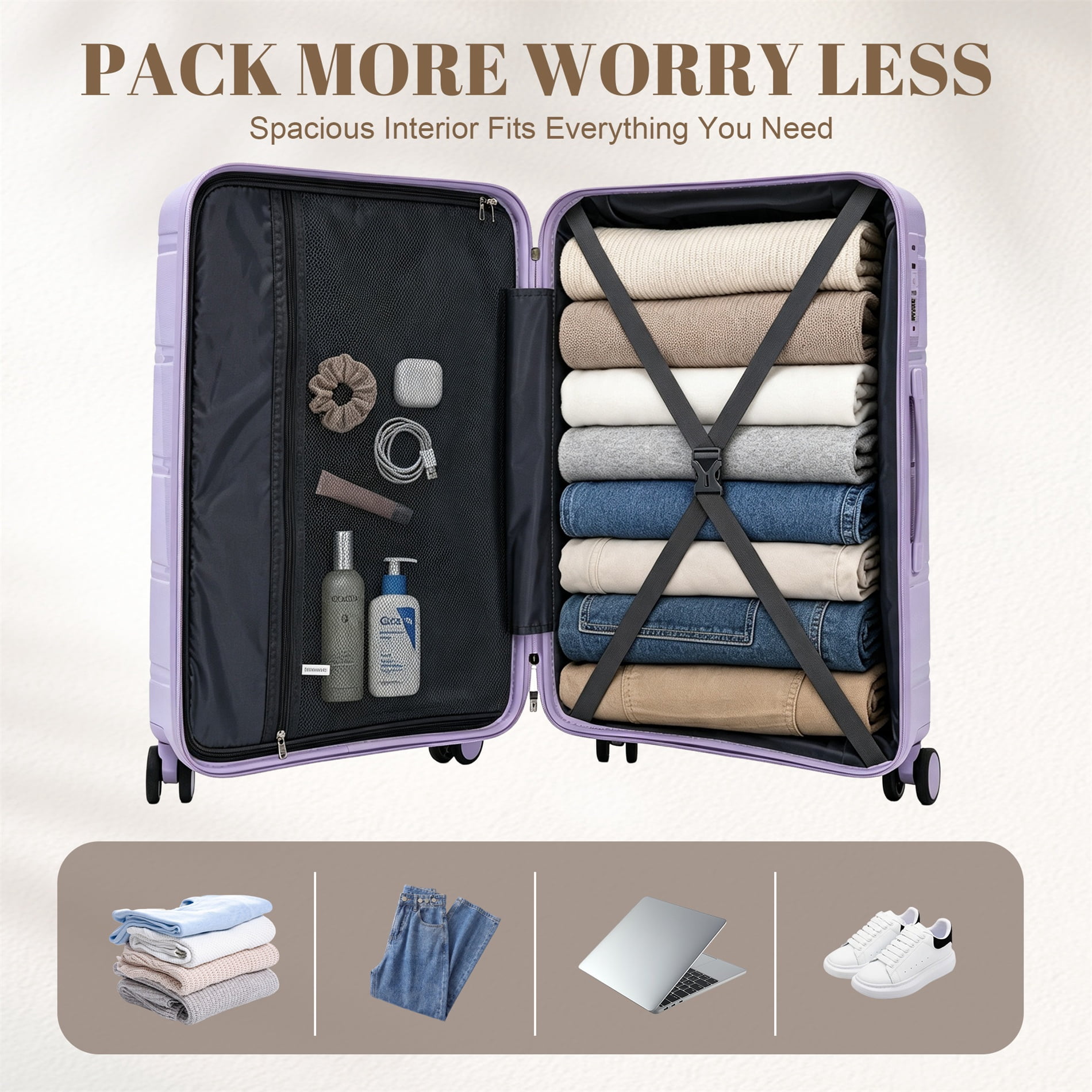 Alvantor 3 Piece Hardshell Luggage Set PP Hardside Suitcase with Iron Telescopic Handle Side Hook 20"24"28"(Purple)