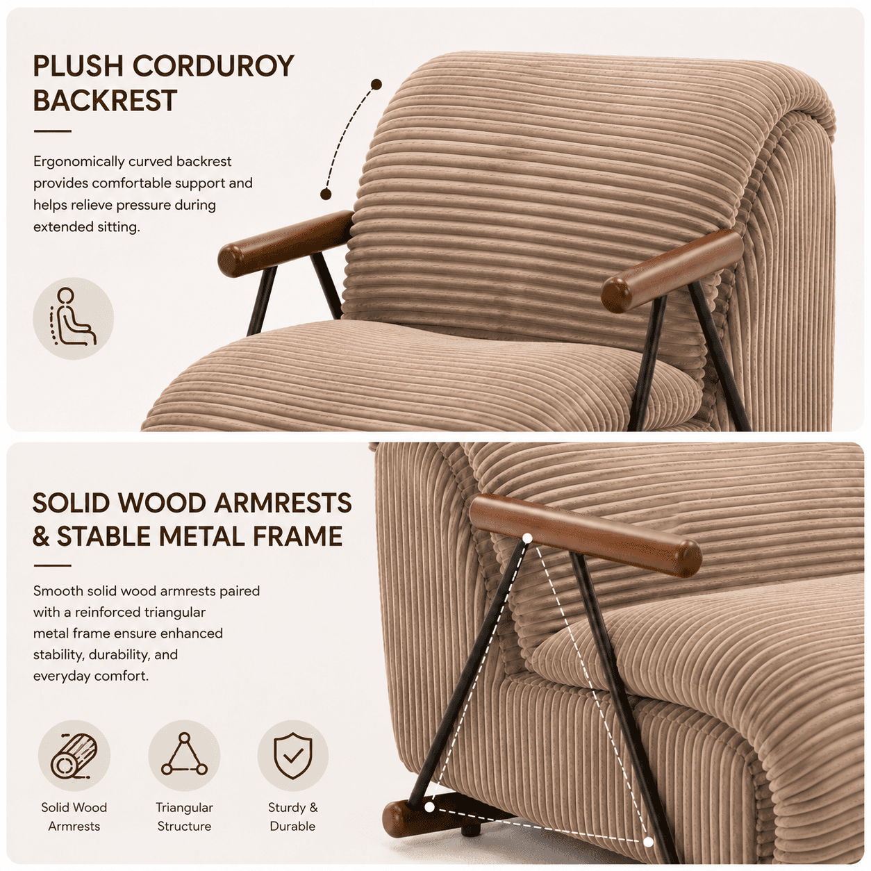 MOONMISS Corduroy Accent Chair, Upholstered Lounge Armchair with Solid Wood Armrests & Minimalist Metal Frame for Living Room, Bedroom,Brown