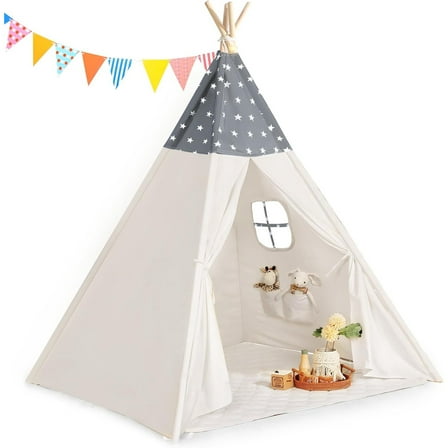Teepee Tent for Kids Slumber Party - 100% Cotton Foldable Kids Tent Indoor with Light & Flag Play House Outdoor - Toddler Tipi Playroom for Girls Gift Toys - Tee Pee Tents(Stars Design) Grey Teepee