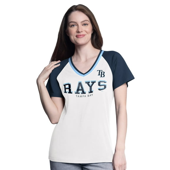 Women's-G-III 4Her by Carl Banks White/Navy Tampa Bay Rays Ball Park Raglan V-Neck T-Shirt
