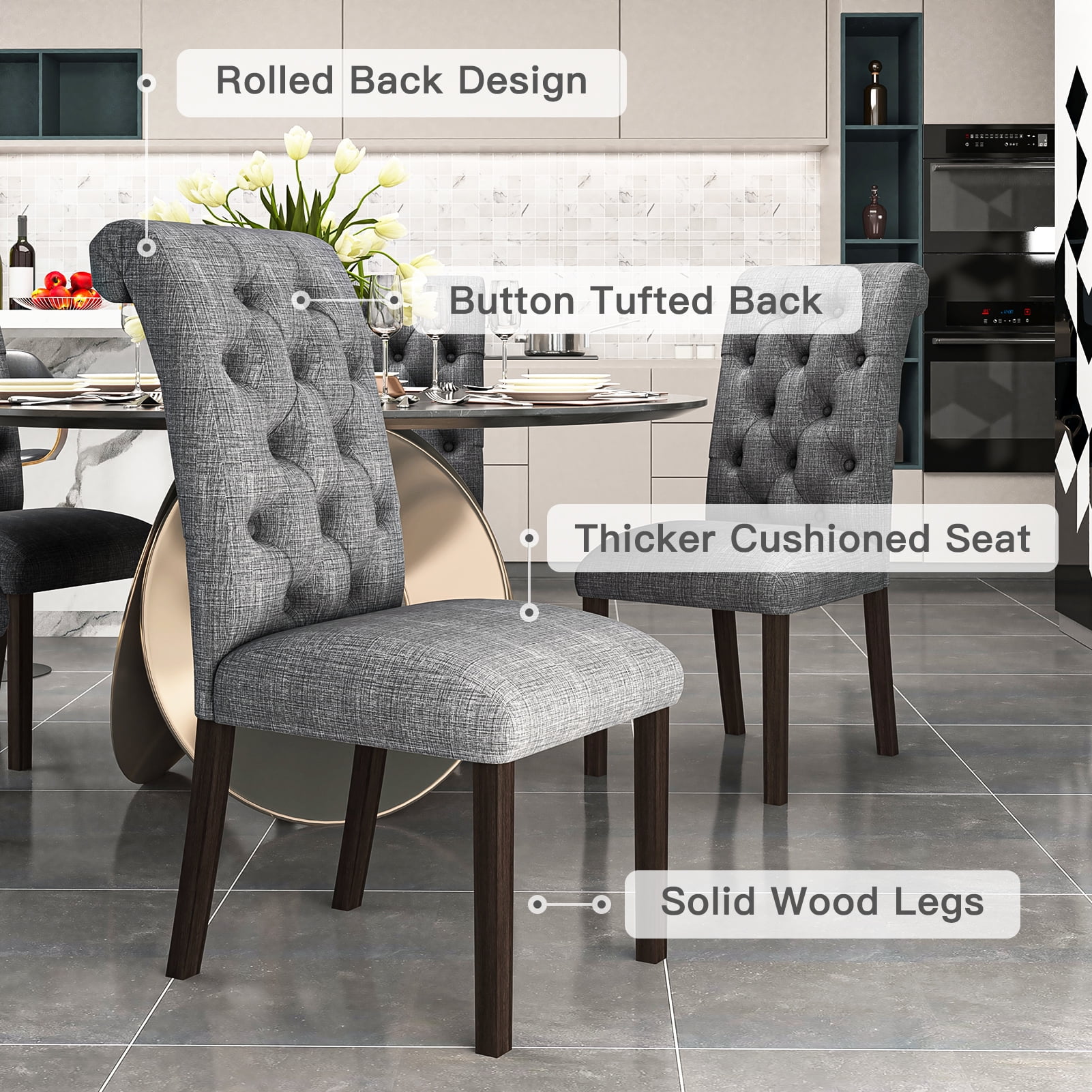Resenkos Tufted Dining Chairs Set of 2, Accent Parsons Diner Chairs Upholstered Fabric Dining Room Chairs Side Chair Stylish Kitchen Chairs with Solid Wood Legs and Padded Seat - Grey Resenkos Tufted Dining Chairs Set of 2, Accent Parsons Diner Chairs Upholstered Fabric Dining Room Chairs Side Chair Stylish Kitchen Chairs with Solid Wood Legs and Padded Seat - Grey