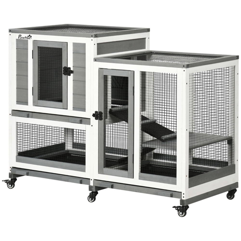Kepooman 2-Story Rabbit Hutch Wooden Bunny Hutch Cage Small Animal House with Ramp, No Leak Tray, Weatherproof Roof, Indoor/Outdoor, Gray