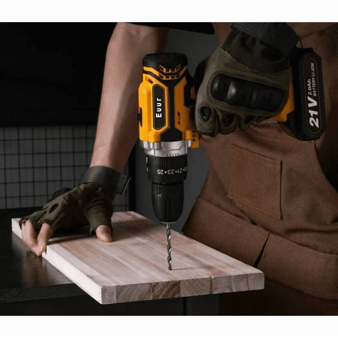 Euur Cordless Drill, 21V Power Drill Set with 2Ah Battery, 3/8"Keyless Chuck, 25+1 Position Electric Drill, 2-Speed Transmission For Screwdriving And Drilling, Yellow