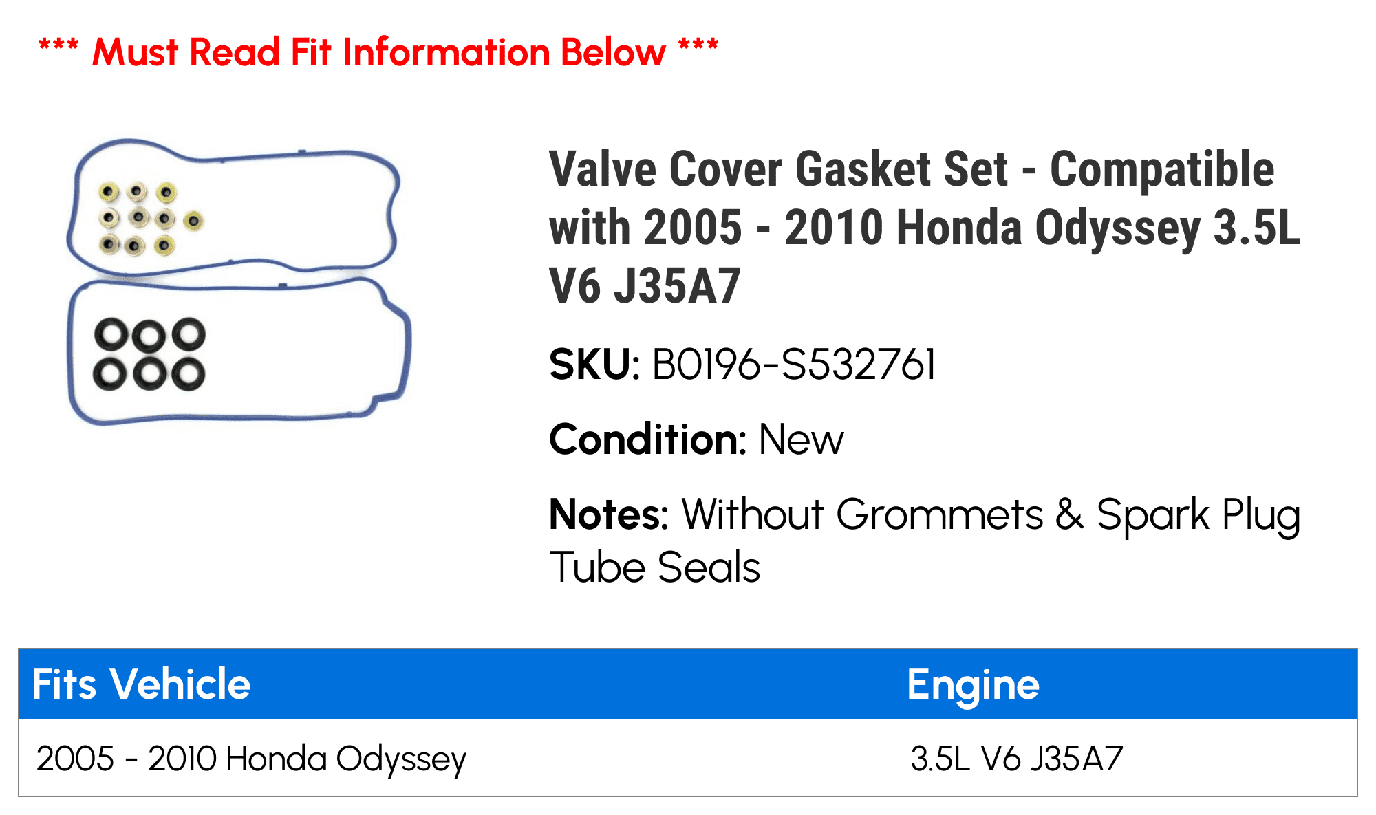 Valve Cover Gasket Set - Compatible with 2005 - 2010 Honda Odyssey 3.5L V6 J35A7 2006 2007 2008 2009