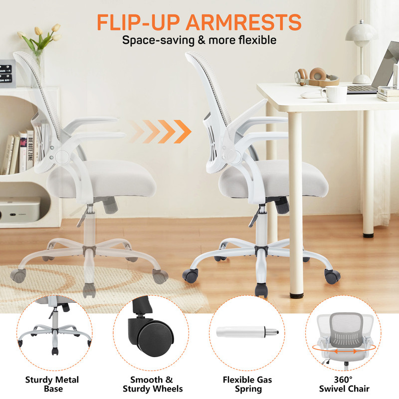 Office Desk Chair, Ergonomic Mid-Back Mesh Chair with Wheels, Comfy Lumbar Support with Flip-up Arms for Home office, Gaming, Study, Gray
