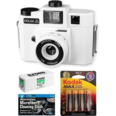 Image of Holga 120GCFN White Medium Format Film Camera with Built-in Flash with Ilford HP5 120 Black and White Film Kodak Batteries Accessories Bundle