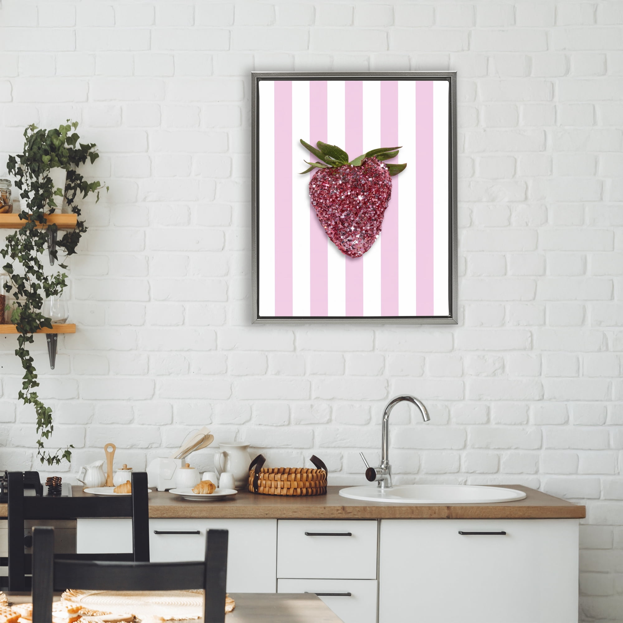 Stupell Industries Glimmer Strawberry on Green Stripes Gray Framed Floater Canvas Wall Art, design by LISH Creative