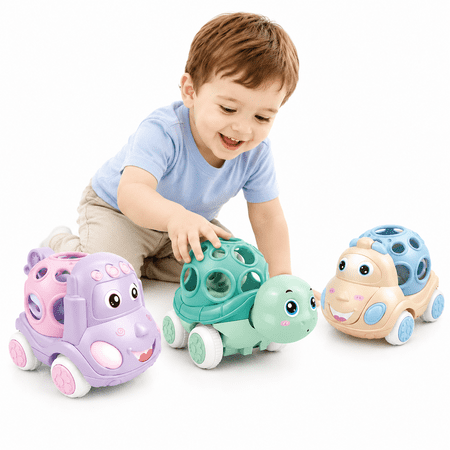 VATENIC Children's Rattles And Rolling Cars, 3 Pieces Of Push-Pull Toys With Soft Rubber Rattles, Friction Power Cars Baby Learning Gifts Suitable For 6-12 Months Old Boys And Girls