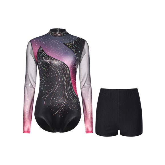 dPois Justaucorps à Manches Longues pour Femmes avec Short Tenue de Patinage Artistique Danse Contemporaine Rose Vif G
