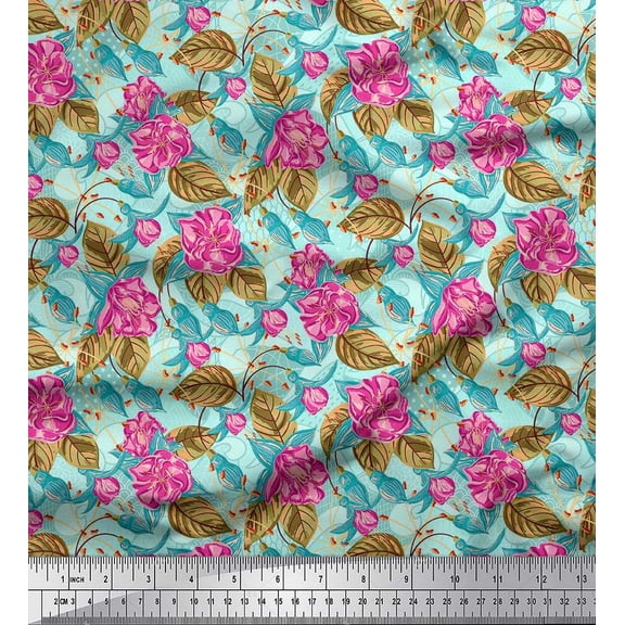 Soimoi Blue Cotton Duck Fabric Leaves & Pink Floral Print Fabric by The Yard 42 Inch Wide