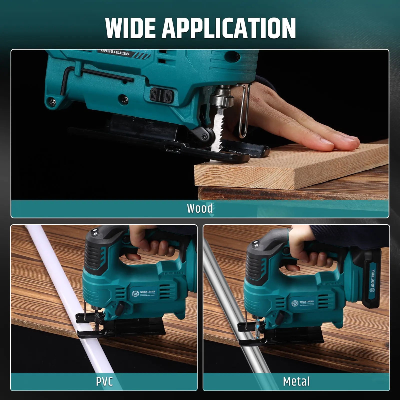WOODSTARTER Cordless Jigsaw Tool with Battery & Charger, 3-Position Orbital Jig Saw for Makita 18V, 0°-45° Bevel Angle