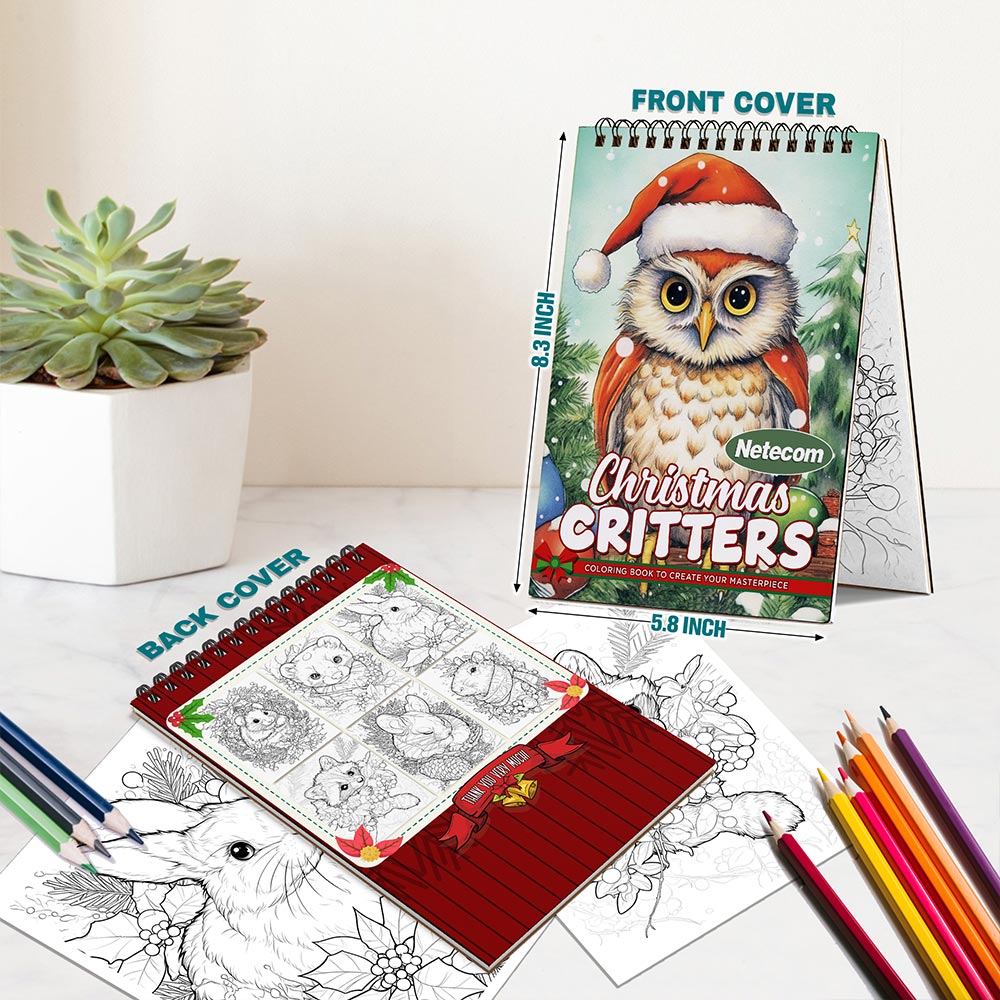 Netecom Christmas Critters Coloring Book Spiral Bound For Adults, A5 Wooden Cover, 30 Playful Coloring Pages of Cute Holiday Creatures for Stress Relief and Relaxation