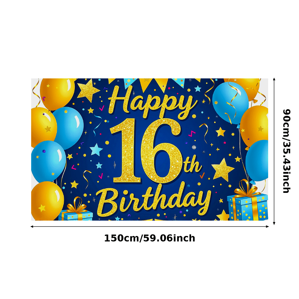 Blue Golden Glittery 16th Birthday Backdrop Banner with Balloons Stars and Gifts Party Supplies Photography Props Birthday Decoration for Birthday Party Decorations