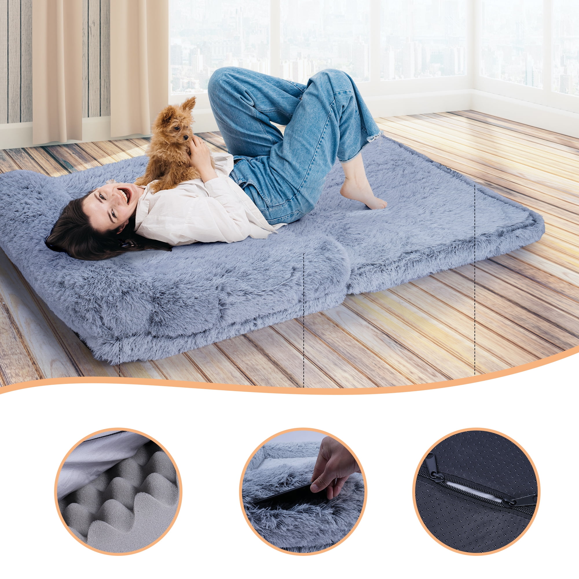 Foldable Human Dog Bed for Adult, Orthopedic Memory Foam Dog Bed for Humans, Waterproof Human Dog Bed for People, Faux Fur Human Sized Dog Bed,Gray