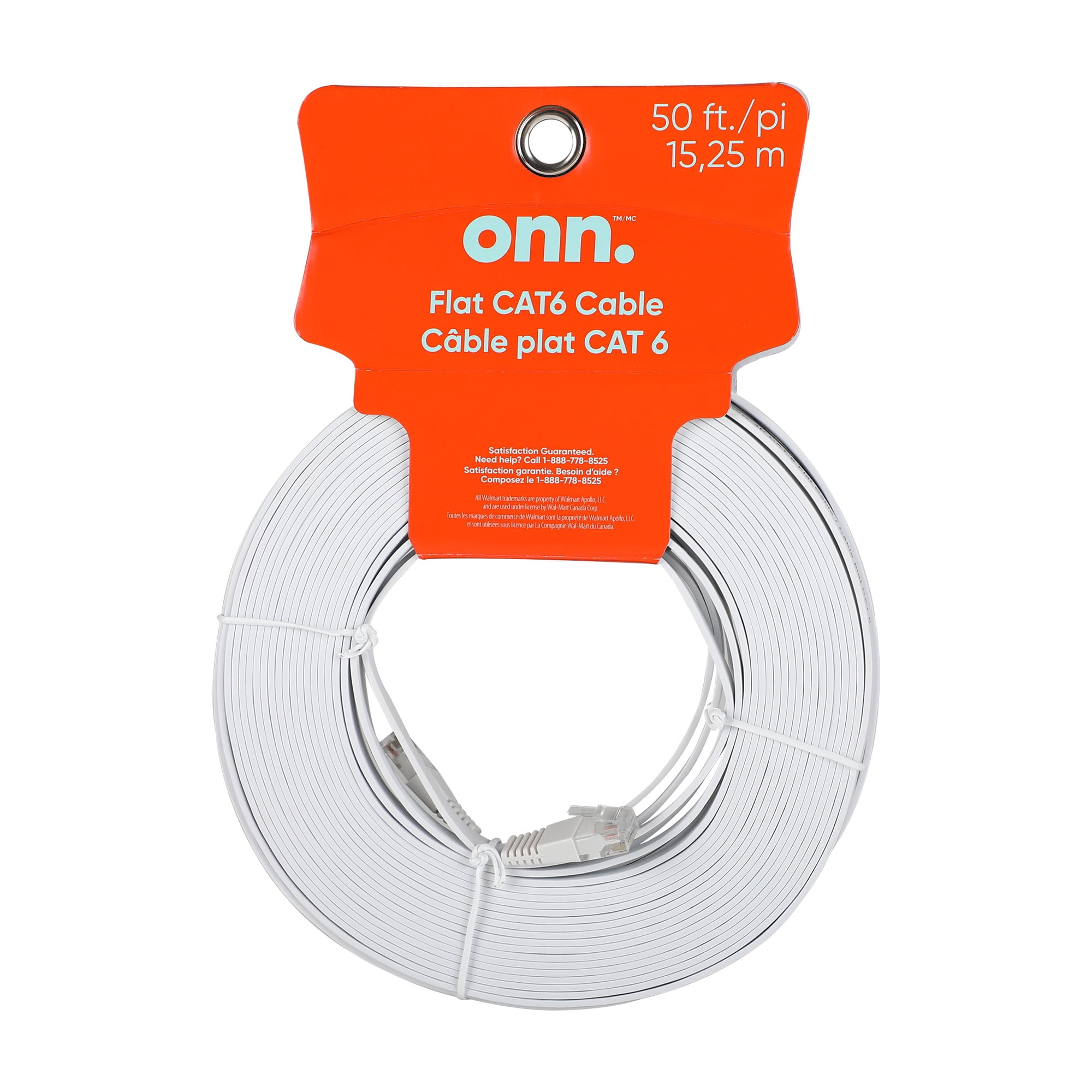 Onn. Câble réseau plat CAT6 de 15,25 m - Blanc Connecteurs universels RJ46