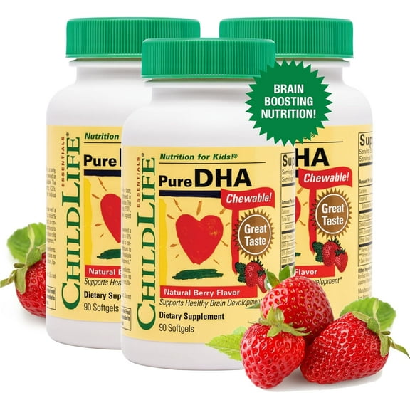 ChildLife Essentials Pure DHA: Brain & Eye Health Support for Kids, Natural Berry Flavor, 90 Softgels (Pack of 3)