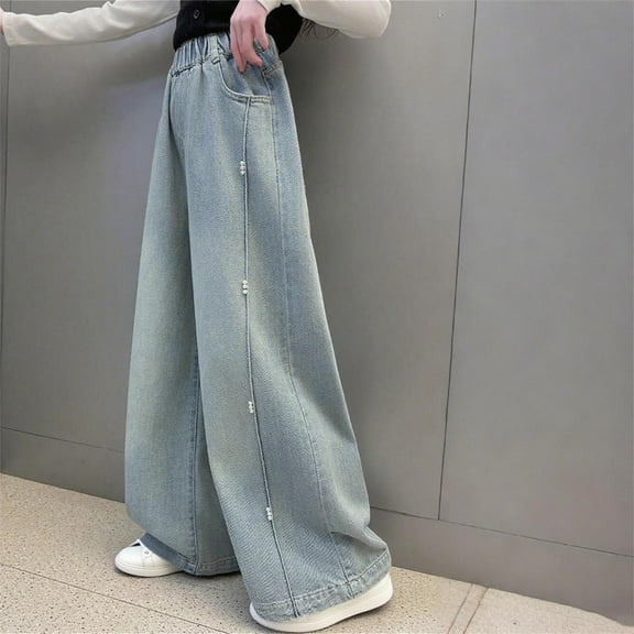 HAOTAGS Girls Jeans, Loose Wide Leg Cargo Demin Pants Bootcut Pocket Blue 12 Years