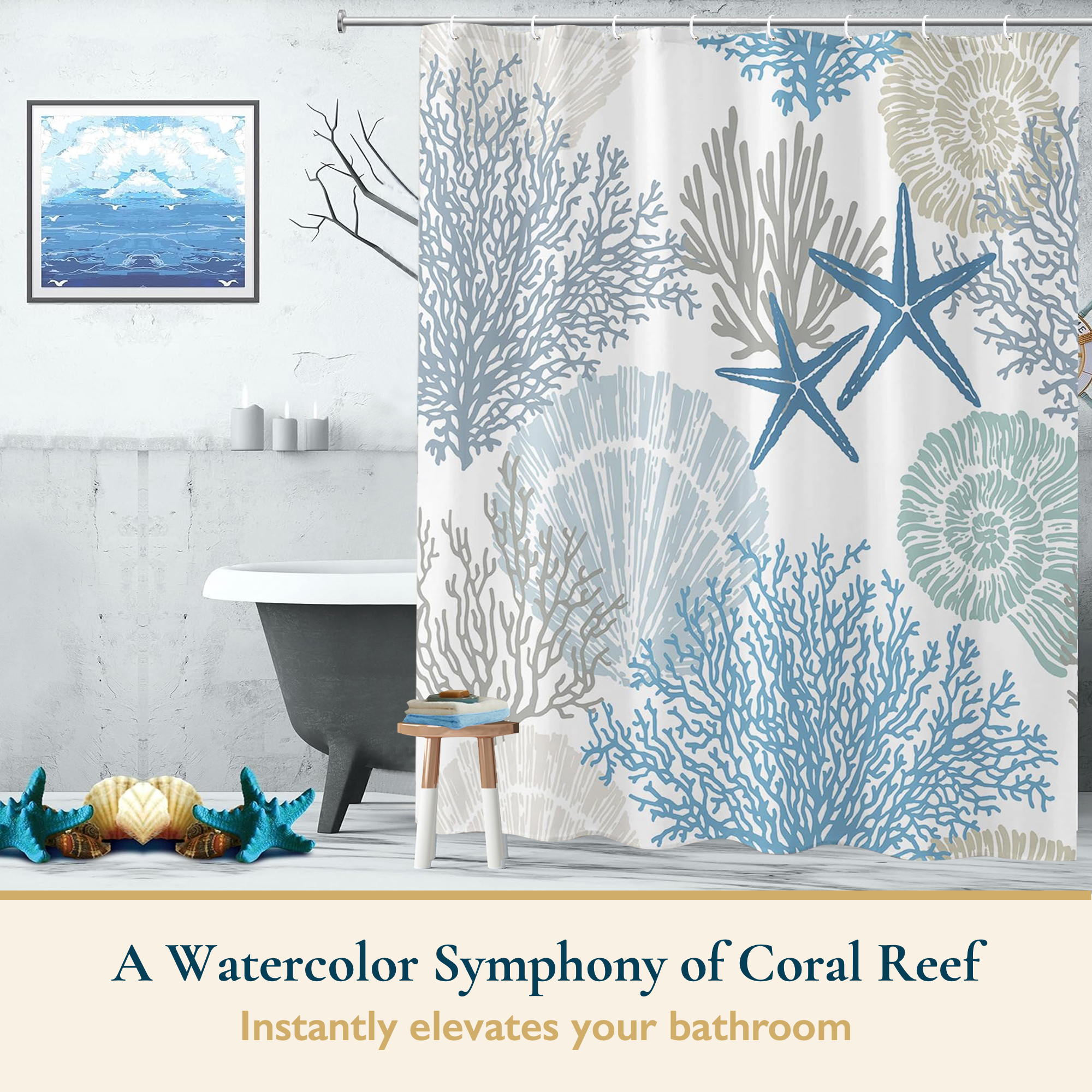 ComfiTime Coastal Blue Fabric Shower Curtain with Hooks, 72x72 photo 2