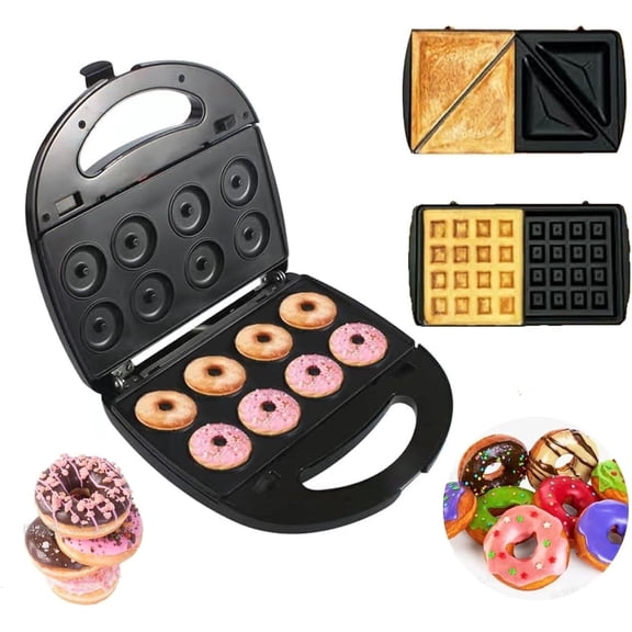 Donut Maker, 3 in 1 Electric Sandwich Waffle Machine, Panini Dessert Toaster with 3 Removable Non Stick Baking Plates,750W interchangeable Iron Set, For Breakfast and Afternoon Tea Use