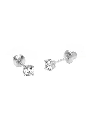 Baby Jewelry Product Image 14k White Gold 2mm Basket Round Cubic Zirconia Solitaire Children Back Baby S Earrings