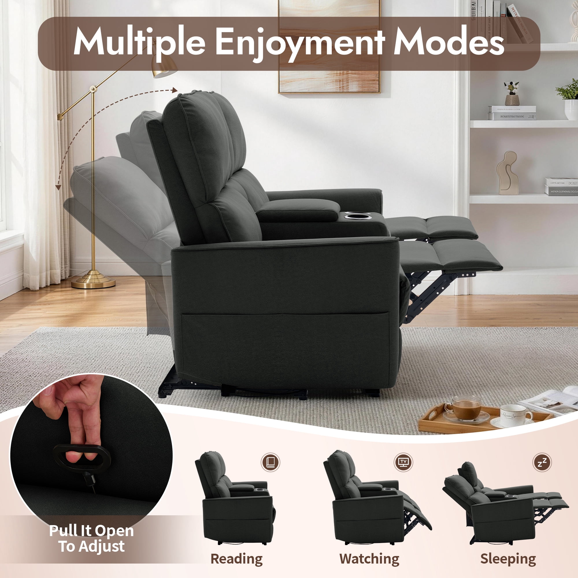 Korser 2-Seater Recliner Sofa with Pillow,Double Recliner Loveseat with Storage Console, Side Pockets, Cup Holders Manual Recliner Sofa for Living Room,Black