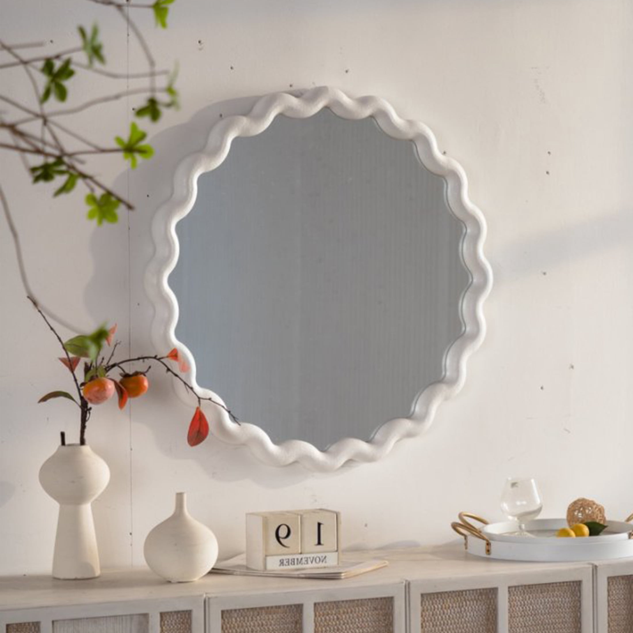 Noble House Tormere Scalloped Round Wall Mirror, Modern Wavy Frame for Playful Minimalist Decor, Cream White