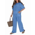thumbnail image 2 of Women'S Plus Size Summer Two Piece Sets Cap Sleeve Floral Blouse Belted Pants Outfits Blue S, 2 of 7