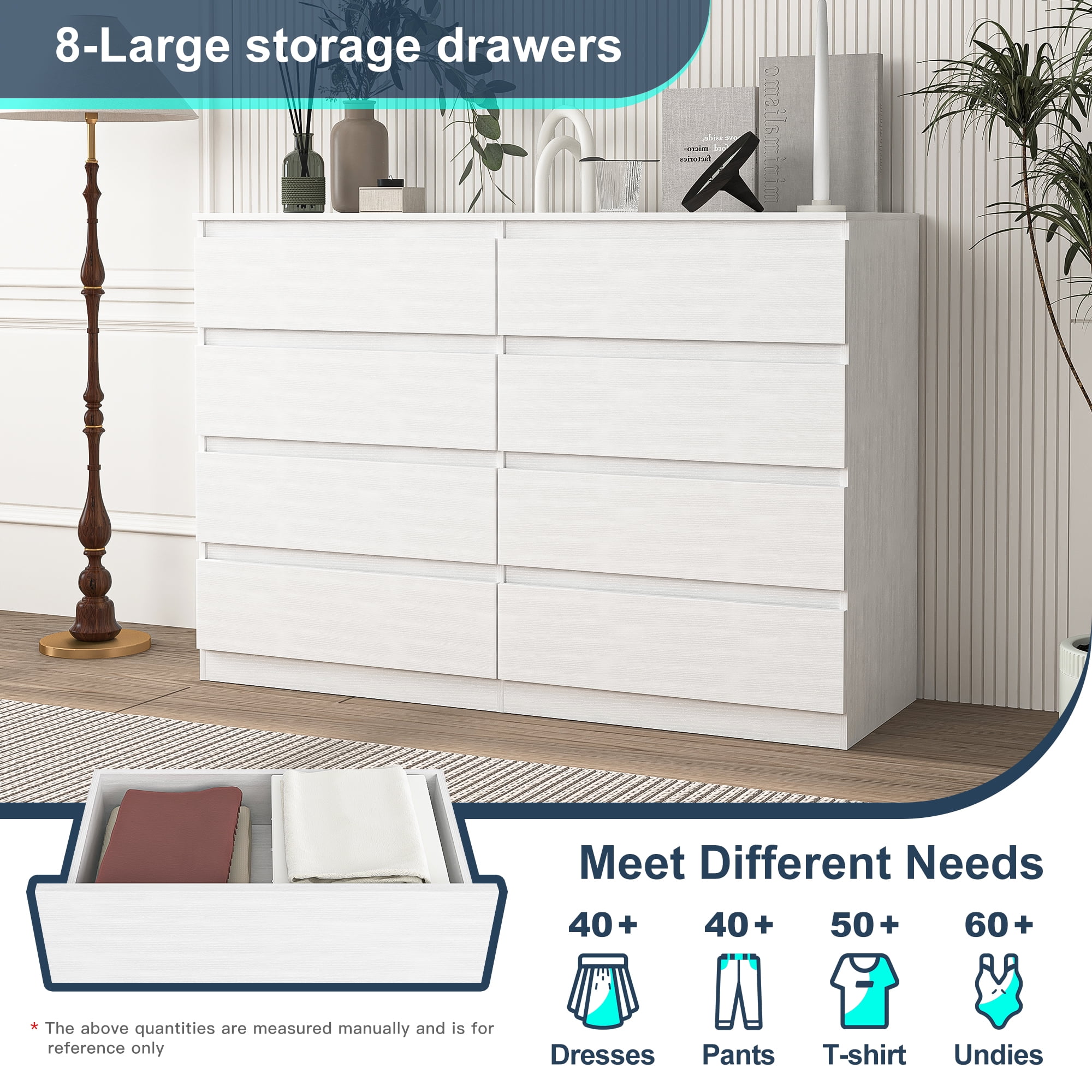 Finihen 8 Drawer Double Dresser, Modern 8 Chest of Drawers with Deep Drawers, Wide Storage Organizer Cabinet for Living Room, Kids, White