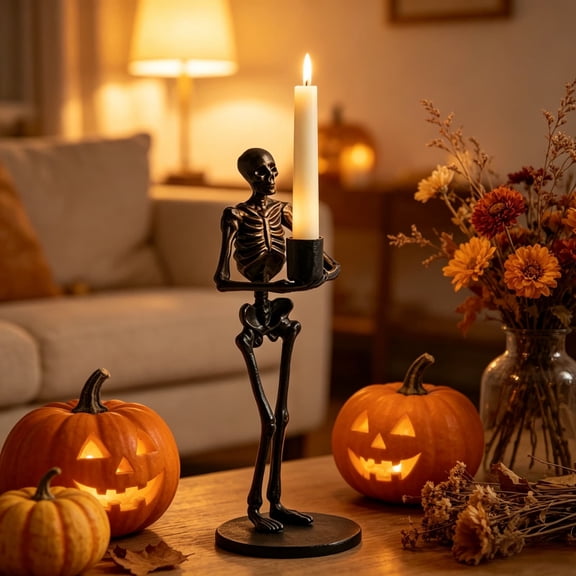 Resin Skull Taper Candle Holder, Gothic Skeleton Head Candelabra, Anti-Tip Tabletop Decor For Halloween Party, Mantel Bar & Gothic Wedding Decoration