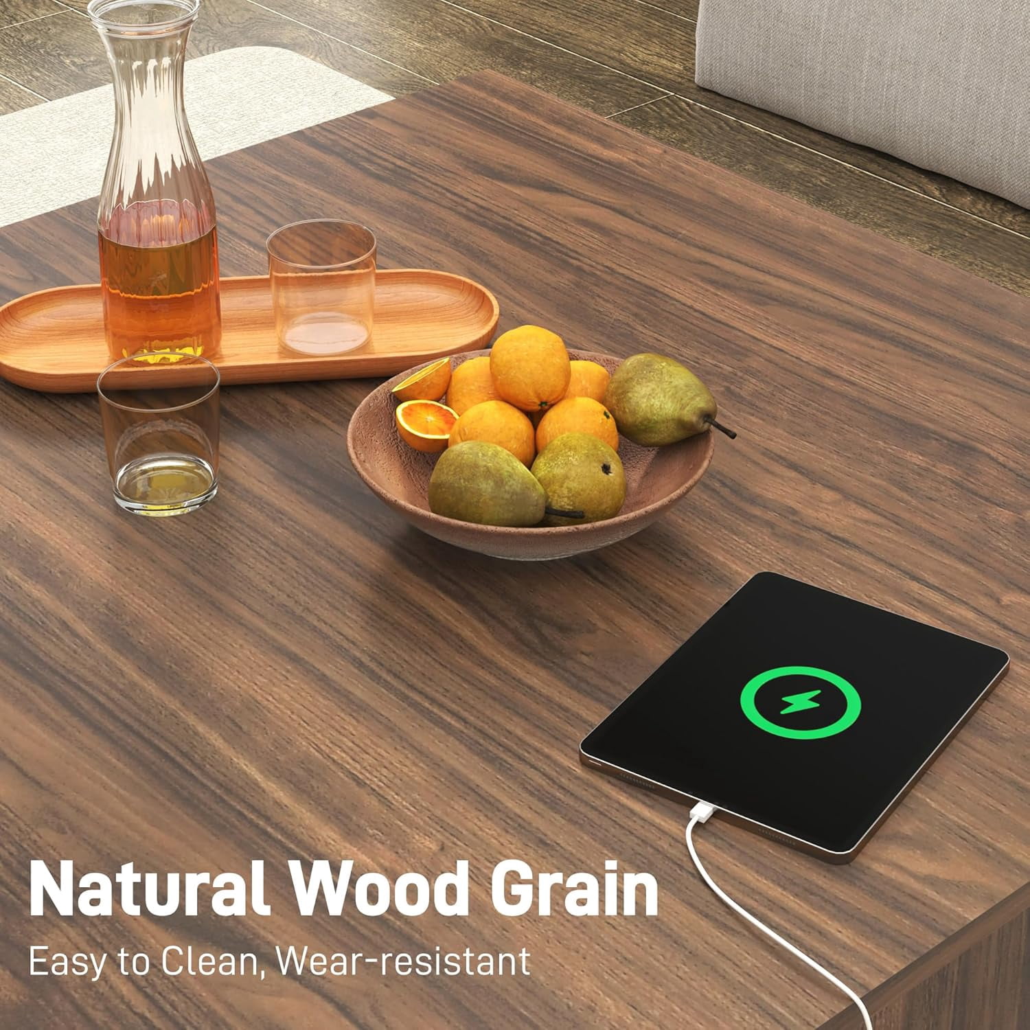 ANPOO 32"  Minimalist Modern Square Coffee Table with LED Light & Power Outlet, 2-Tier Wood Mid Century Table with Storage for Living Room