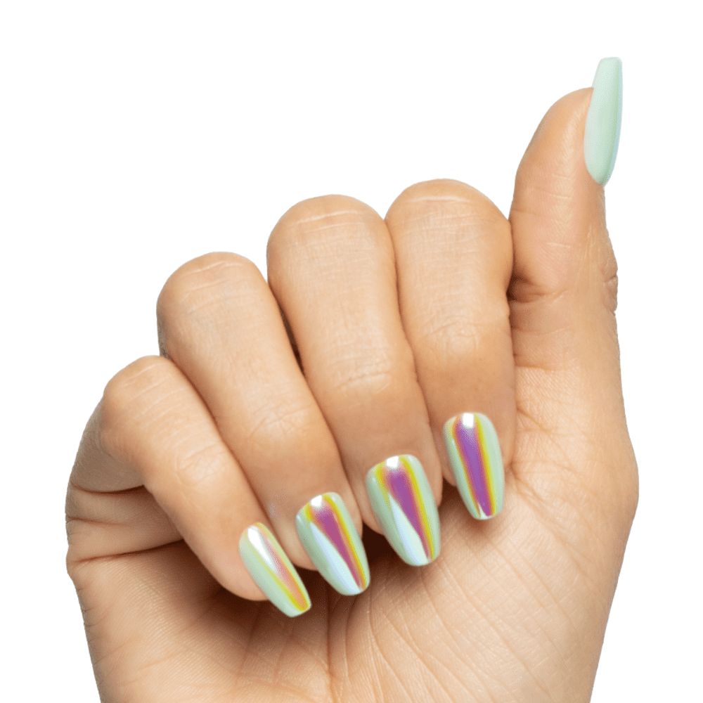 Olive & June + Bubble Instant Mani Medium Coffin Press-on Nails, Teal Glass Chrome, 42 Pieces