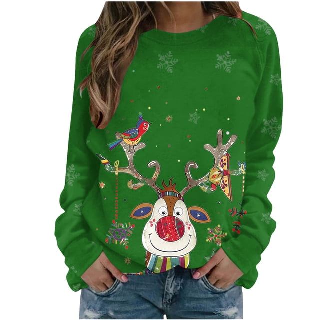 Staron Chandail de Noël pour Femmes Mode Drôle Renne Chandails Graphiques de Noël Décontractés Col Rond Hauts Chandail Vintage Laid Blouse Femmes Cadeaux Unique
