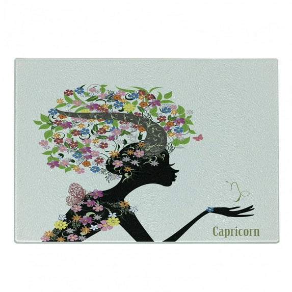 Zodiac Capricorn Cutting Board, Woman Silhouette with Horns and Blooming Colorful Floral Elements Design, Decorative Tempered Glass Cutting and Serving Board, Small Size, Multicolor, by Ambesonne