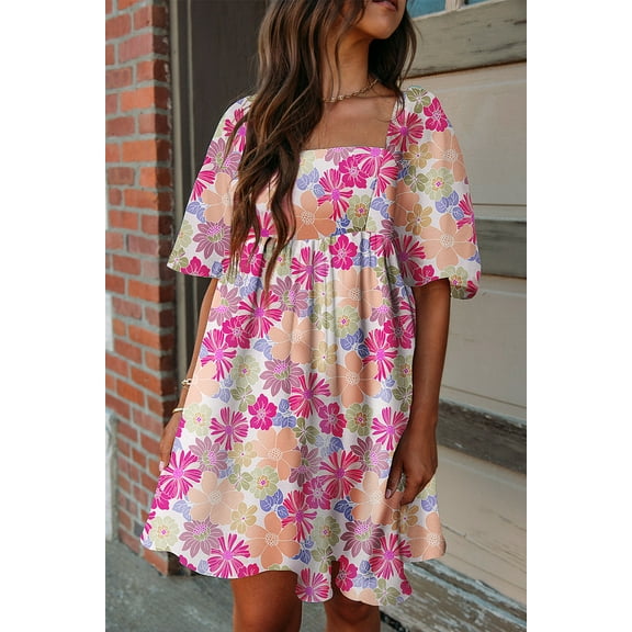 Ahlaray Sweet Summer Floral Dress with Square Neck and Puff Sleeve, Elegant Charm Unveiled