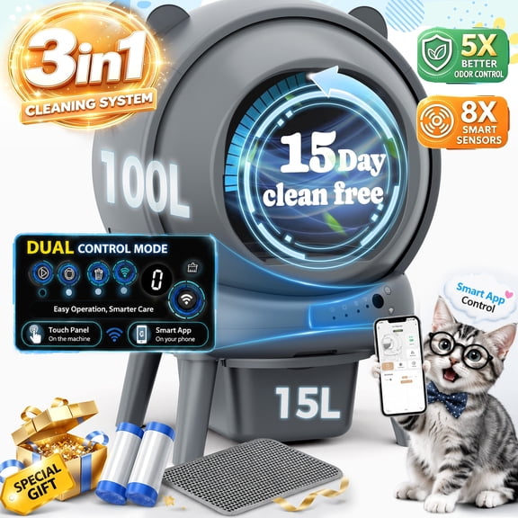 Self Cleaning Litter Box, 100 L 15L Automatic Cat Litter Box Self Cleaning for Multiple Cats, with Safety Protection, App Control,2 Roll Garbage Bags Cat Litter Mat