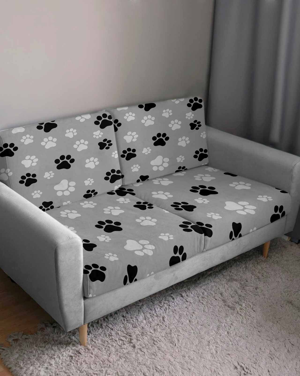 Pet Paw Printed Couch Cushion Covers Stretch, Washable Sofa Seat Covers Individual Seat Cushion Sofa Slipcovers Modern Black Grey Watercolor Dog Claws Couch Cover Furniture Protector S-1PCS
