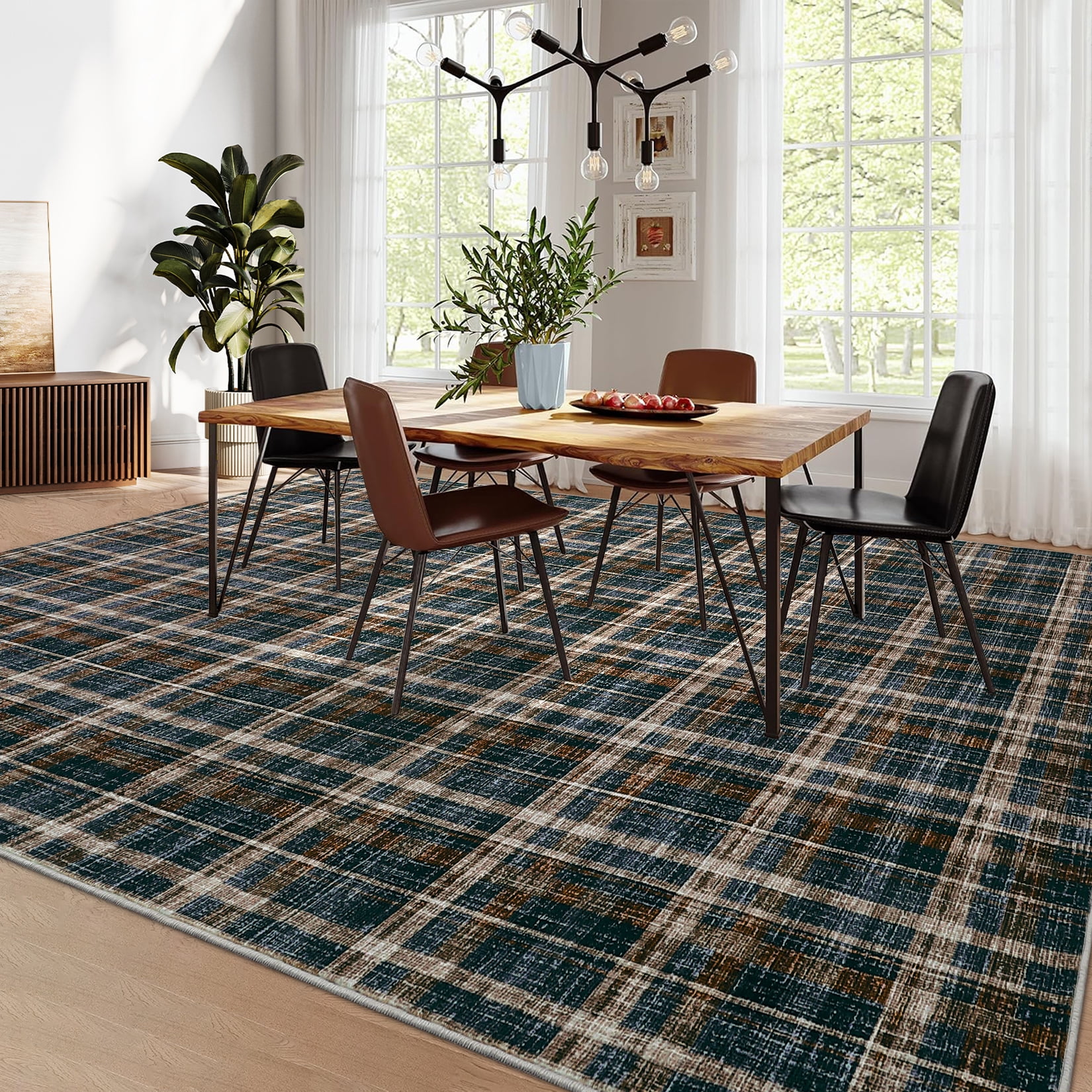 FairOnly 8'x10'Modern Geometric Plaid Non Slip Area Rug British Style Machine Washable Soft Non Shedding Rug for Living Room Bedroom,Black Brown