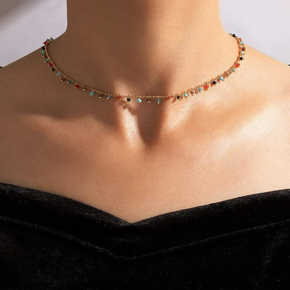 SKQIT Colorful Beaded Necklace for Women Boho Natural Gemstone Choker Necklace 14K Gold Plated Summer Handmade Jewelry Gift