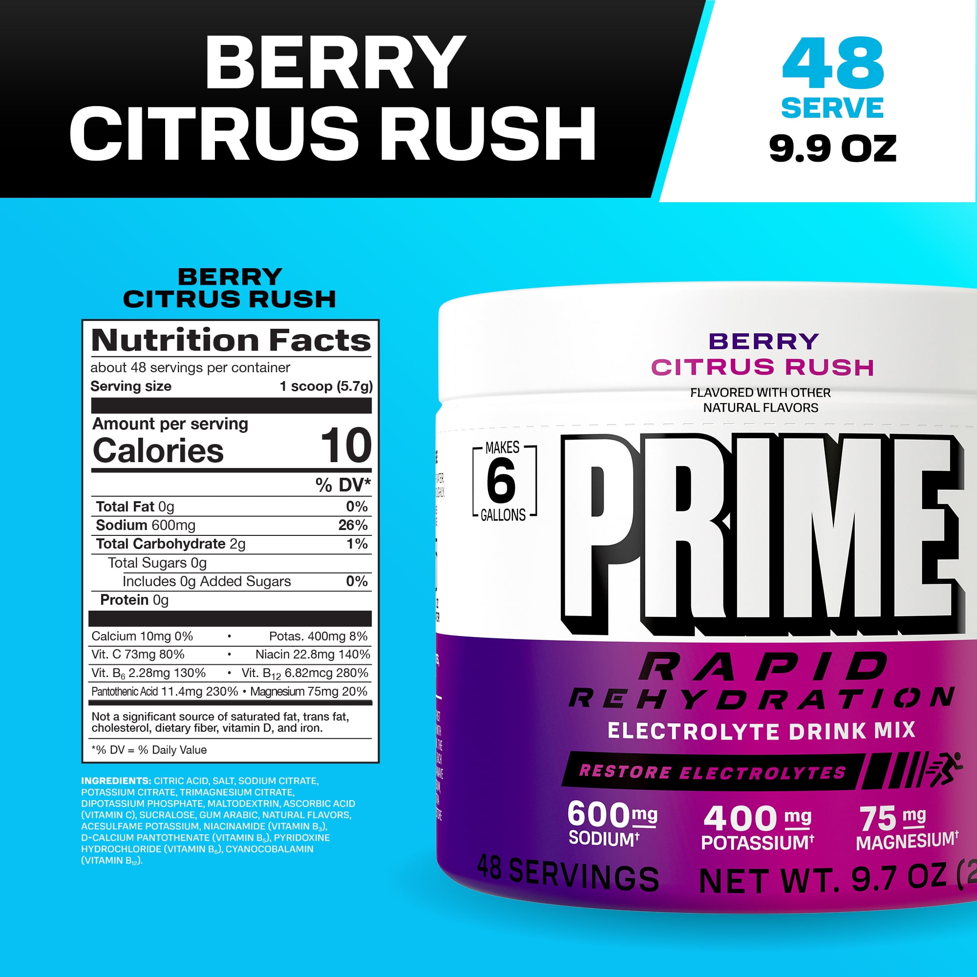 Prime Rapid Rehydration Powder, Berry Citrus , 48 srv, Tub