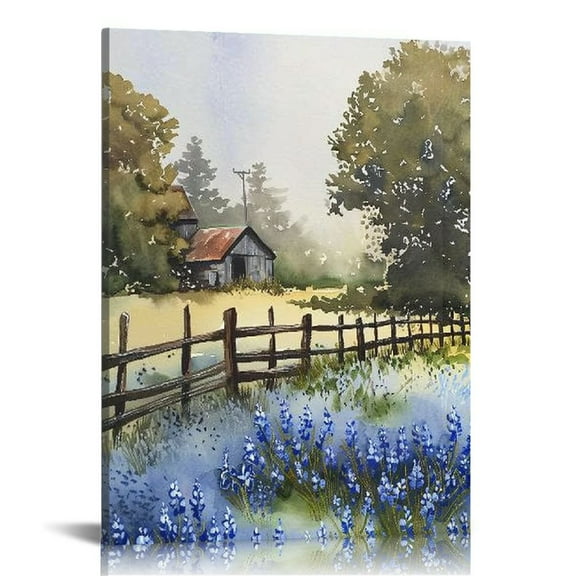 JRXY Farmhouse Canvas Wall Art Farm Cow Landscape Picture Modern Village Nature Painting Artwork Vintage Barn Green Blue Framed for Living Room Bedroom Bathroom Home Office Wall Decor 12x16 in