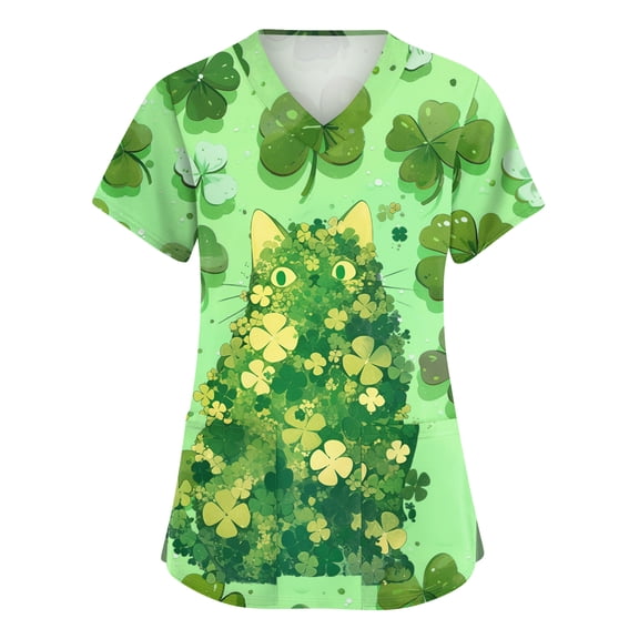 St. Patrick's Day Scrubs Tops for Women Irish Shamrock Printed V Neck Nurse Working Uniforms Short Sleeve Soft Stretch Holiday Blouse T-Shirt